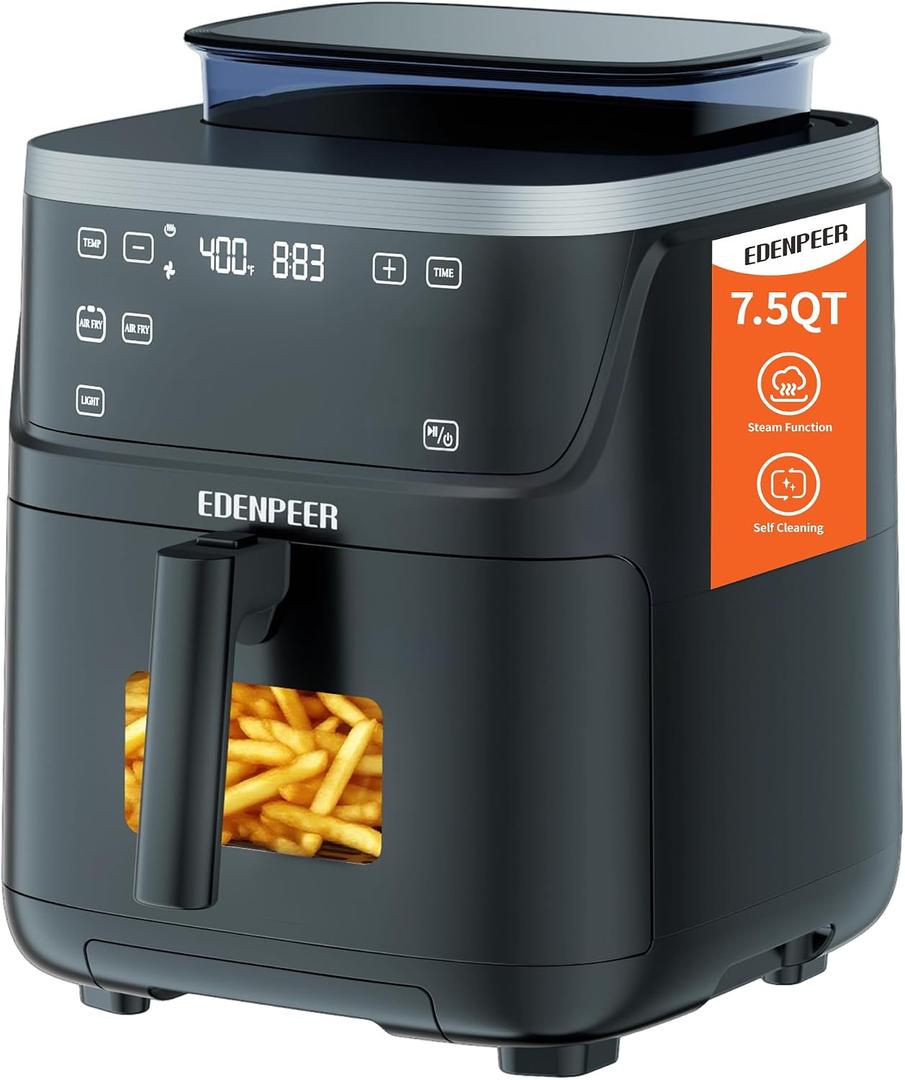 Steam Air Fryer, Self Cleaning Smart Air Fryers, with Visible Window, 1700W High Power Airfryer, 7.5 QT for Family of 4-6, Whisper Quiet Technology, 12-in-1Presets, Dishwasher Safe Non Stick Basket