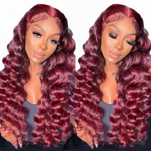 NKTU 100% Human Hair Deep Wave Burgundy 99J Lace Front Wig 13x4 HD Transparent Lace Glueless Pre Plucked Natural Hairline 180 Density 28 Inch for Black Women