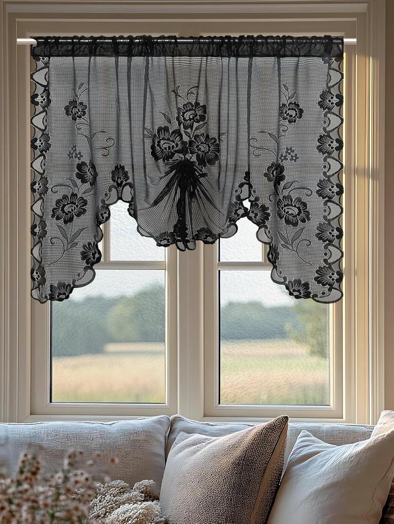 Jayla Black Semi-Sheer Floral Lace Curtain Swag for Kitchen Half Window Bathroom Decoration Rod Pocket,59 x 39 Inch, 1 Panel