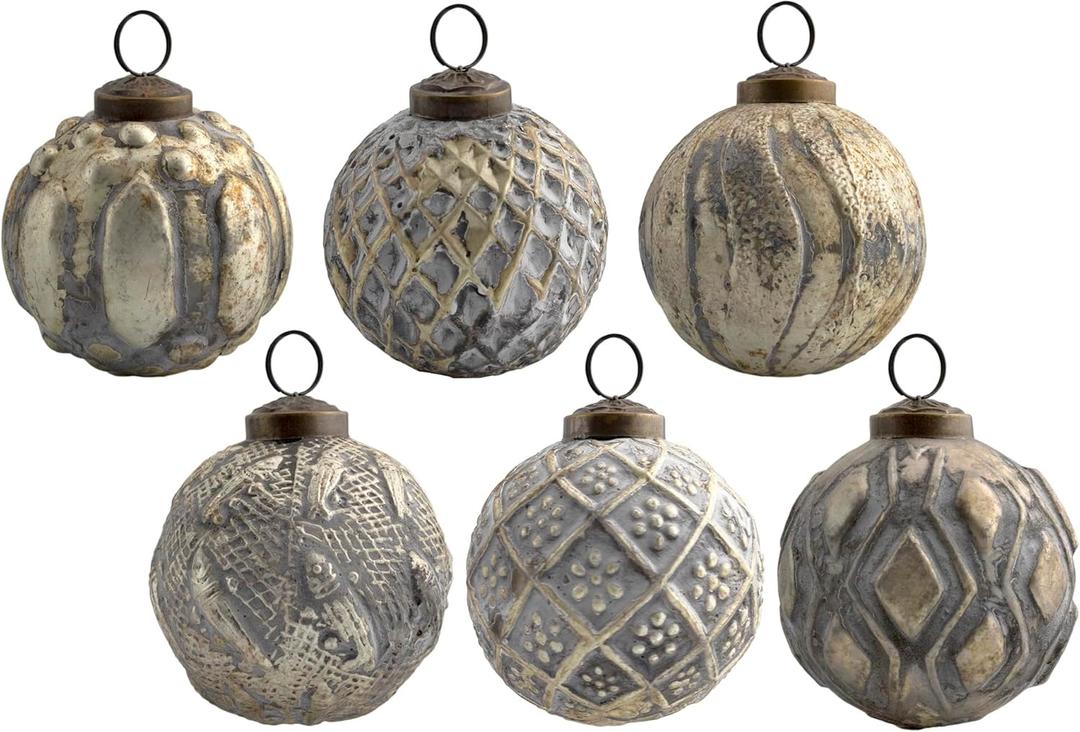 AuldHome Design Farmhouse Ball Ornaments (Set of 6, Gold/Silver); Distressed Metal Glass Ball Vintage Style Christmas Decorations