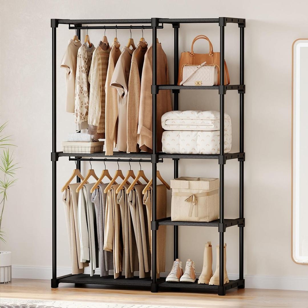 OLIXIS Portable Wardrobe Closet with Hanging Rods, 44 Inch Portable Clothing Rack with Shelves, Heavy Duty Clothes Rack, Freestanding Closet Organizer