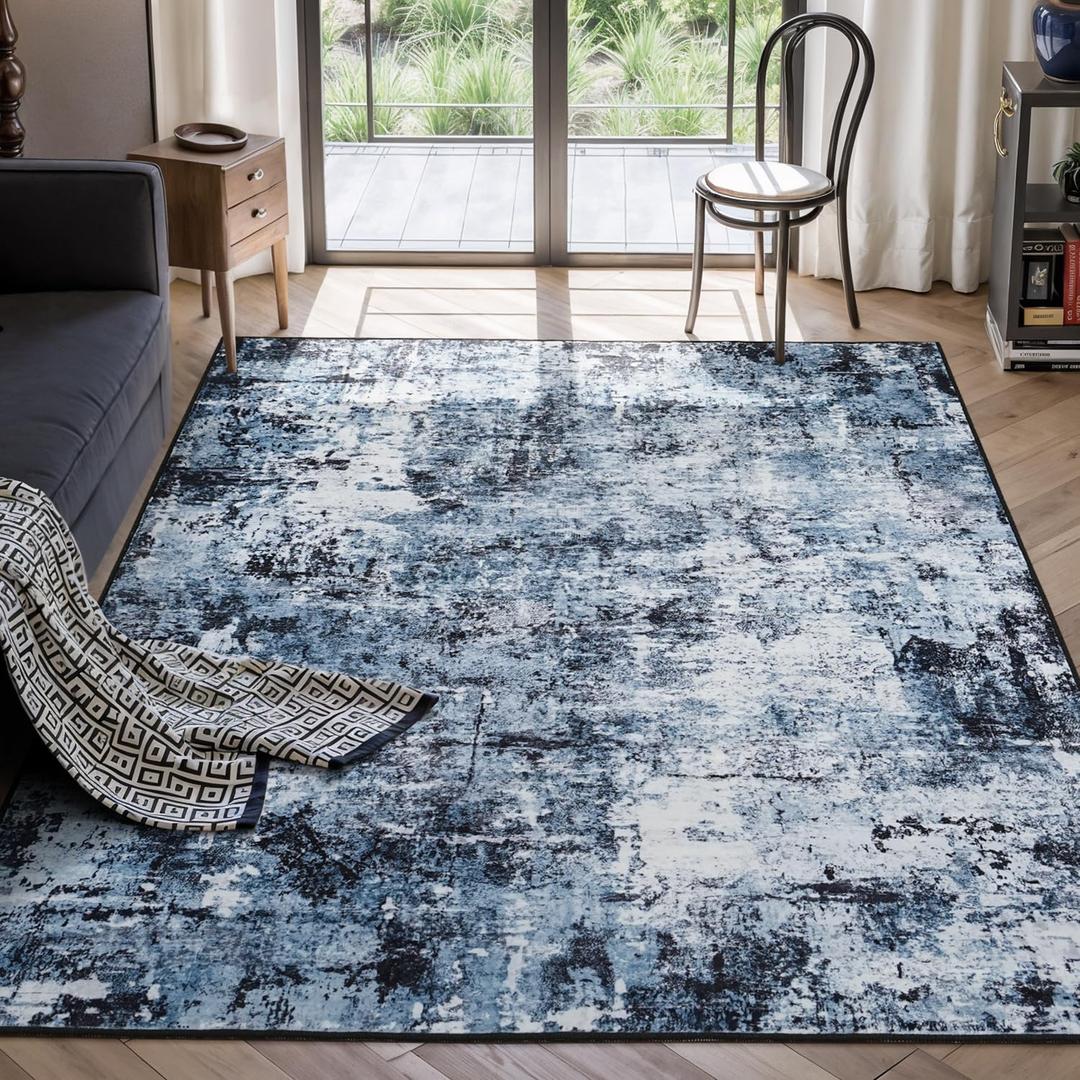 Rugflix 5x7 Area Rugs for Living Room, Washable Large Rug Stain-Resistant Low Pile, Modern Dark Carpet for Dining Room Home Office Kid Room Nursery Bedroom, Navy Blue/Black