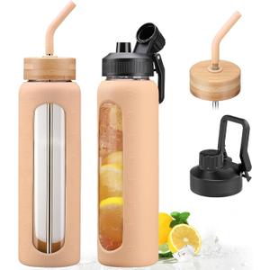 32oz Glass Water Bottle with Straw and 2 Lids- Bamboo and Spout Lid,Motivational Sports Water Bottle with Silicone Sleeve and Time Marker,Reusable for Gym, Outdoors, Amber