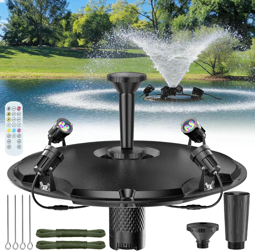 POPOSOAP Floating Pond Fountain With LED Lights, Pond Fountain Aerator Complete Kit with 1600GPH Water Pump 50FT Power Cord, 3 Spray Styles for Ponds, Pool, Lakes & Water Gardens P155, Size: Up to 4200 Gallons