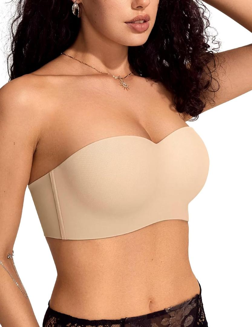 Vertvie Strapless Bras for Women Push Up Non-Slip Bandeau Bra Seamless Full Coverage Tube Top Bralette (Wireless & Underwire) (34B, Nude)