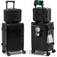 MYBOX 2 Piece Luggage Set with 20" Carry On & 12" Travel Case, PC Hard Shell Suitcase with Spinner Wheels, USB Port, Cup Holder, Side Hook, Waterproof & Scratch-Resistant, Airline Approved, Black