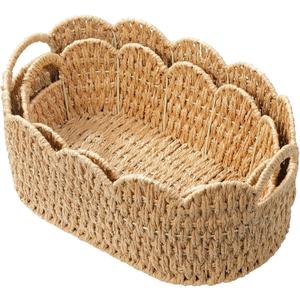 Coeusy Paper Rope Scalloped Basket Set of 2,Woven Storage Baskets for Shelves,Laundry,Towels,Clothes,Books,Toys,Cute Decor Baskets for Organizing,Natural Color