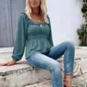 Womens Puff Long Sleeve Babydoll Tops Square Neck Ruffle Peplum Blouse Smocked Loose Fit Tunic Top Dressy Tee Shirts (Medium, Green)