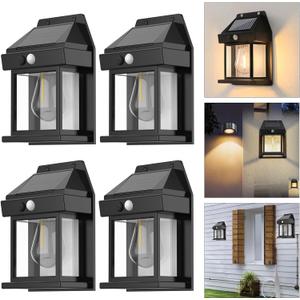 4pcs Solar Fence Lights, Motion Sensor Outdoor Lights, 3 Lighting Modes Dusk to Dawn Porch Lights IP65 Waterproof, Outdoor Solar Wall Lights 600LM, 1800mah Suitable for Patios, Porches, Garage (Black)