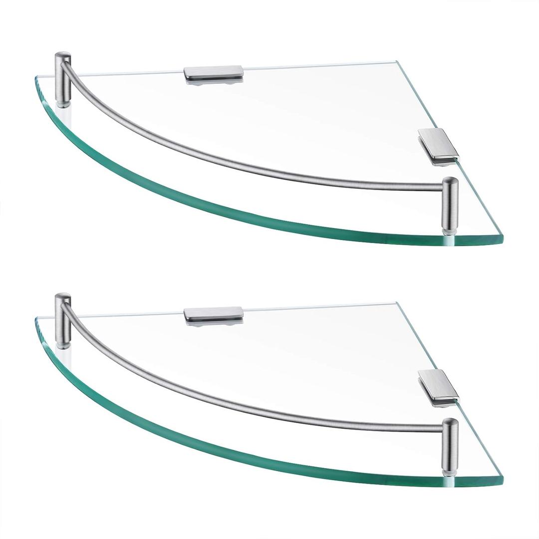 KES Glass Corner Shelf for Bathroom Corner Shelf 2 Pack Tempered Glass Shelf with Rail SUS 304 Stainless Steel Wall Mounted Brushed Finish, BGS2101A-2-P2