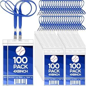 Patelai 100 Pcs Extra Large 4 x 8 Inch Badge Holders with Lanyard Bulk PVC Waterproof Card Holder Credential ID Protector Sleeves 3 Lanyard Slots at Top for Office Sporting Events Concert (Blue)