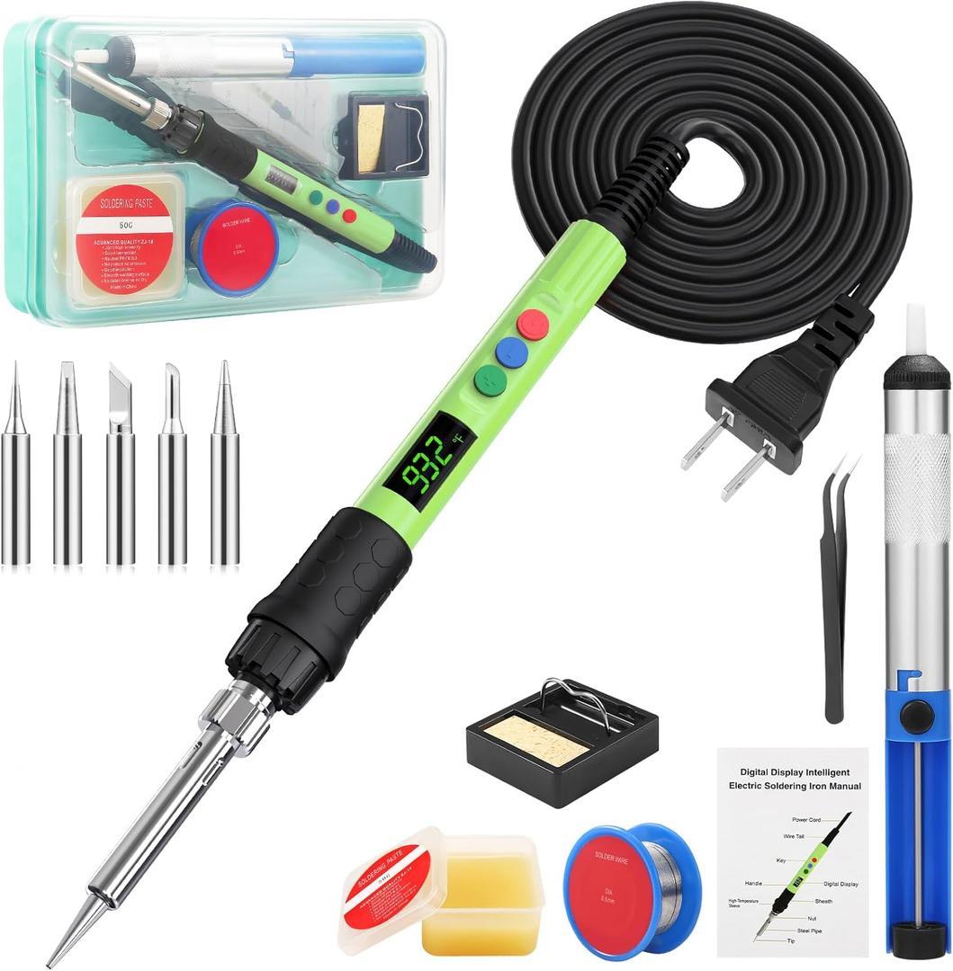 Soldering Iron Kit, 120W LED Digital Advanced Solder Iron Soldering Gun kit, 110V Welding Tools, Smart Temperature Control [356-932], Extra 5pcs Tips, Auto Sleep, Temp Calibration, Green