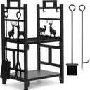 INNO STAGE Firewood Rack Fireplce Firepit Tools Set Double Layer Iron Wood Log Holder for Fire Place Outdoor Indoor Accessories-Brush, Shovel, Tong, Hook
