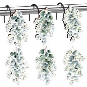 Sawysine 12 Pcs Sage Green Eucalyptus Shower Curtain Hooks Set Wood Decorative Eucalyptus Leaf Bathroom Accessories Decor Botanical Shower Curtain Hangers for Bathroom Bedroom Living Room