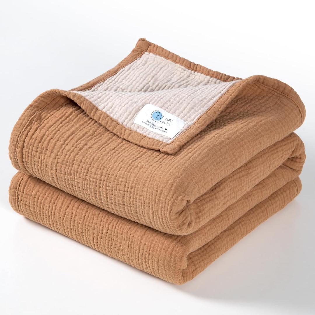 lulumoon Muslin Baby Blanket Neutral: 100% Cotton Crib Blankets for Toddlers - Reversible Lightweight Blanket for Stroller & Travel 47"x47"(Caramel