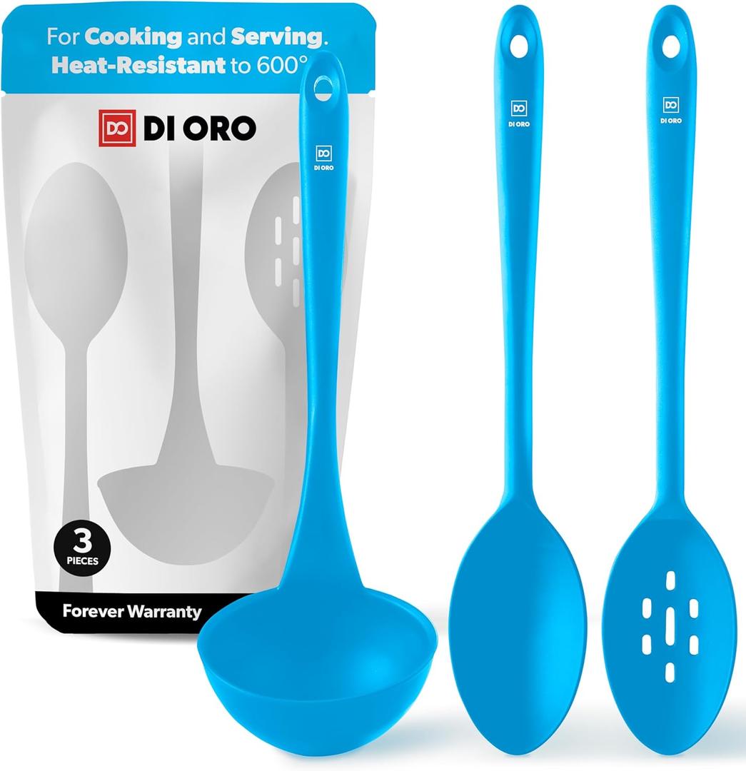 DI ORO Silicone Ladle & Spoons for Cooking  Large Kitchen Spoons for Mixing, Serving, & Stirring - Soup Ladle with Wide Bowl - High Heat Silicone Kitchen Utensils for Nonstick Cookware Safe (Blue)