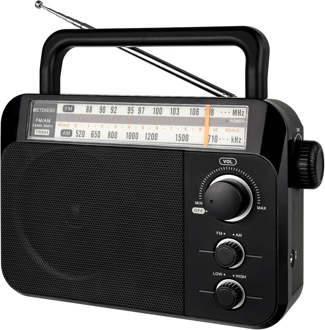 Retekess TR604 AM FM Radio,Portable Radio Plug in Wall,D Battery Operated,Large Dial,High/Low Tone Mode,Big Speaker,Earphone Jack,for Home,Picnic,Senior (Black)