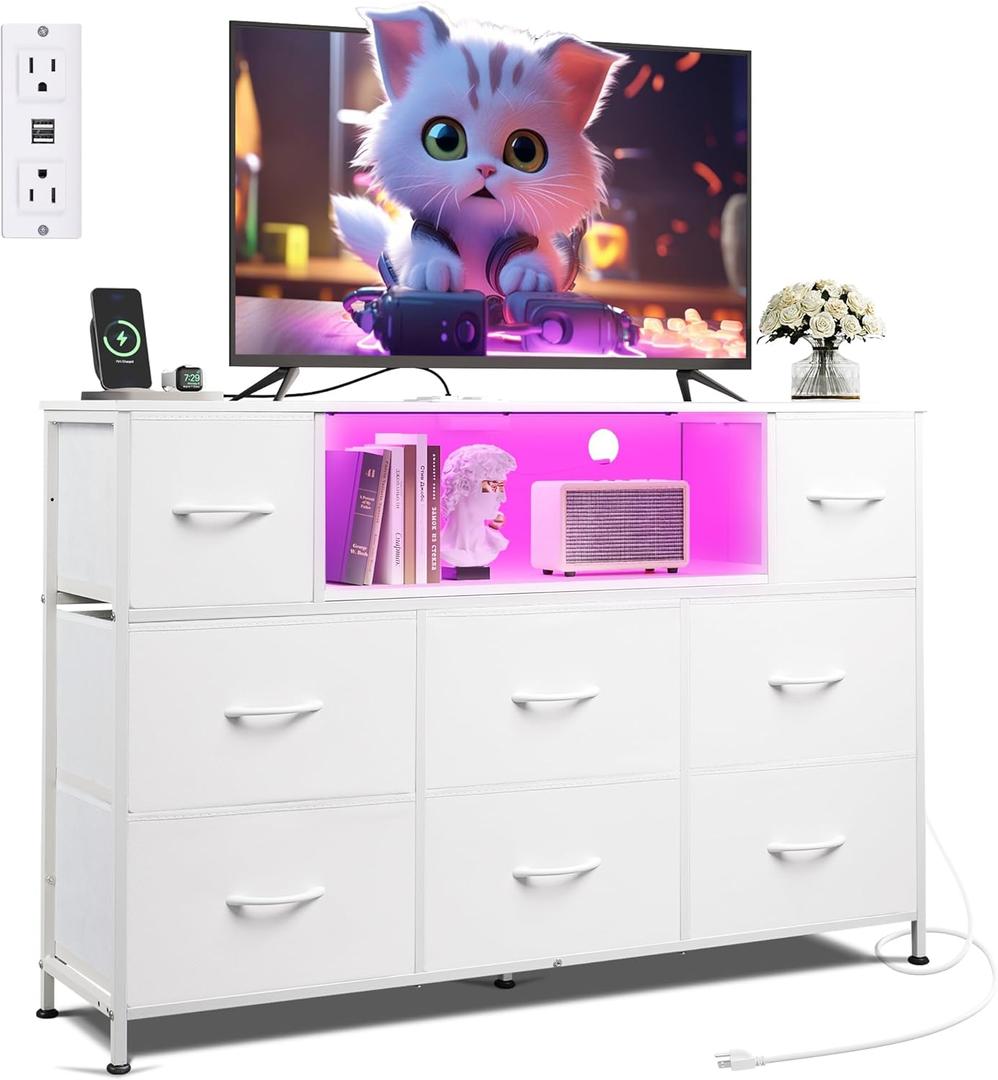 WLIVE White Dresser for Bedroom, TV Stand for Bedroom for 50, 55 inch TV with Charging Station and LED Lights, Fabric Chest of Drawers with Open Shelves, 8 Drawer Dressers for Living Room, Closet