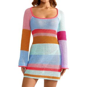 Women Crochet Knit Mini Dress Long Sleeve Colorful Mesh Cover Ups Casual Sweater Dress Summer Beach Wear (Medium)