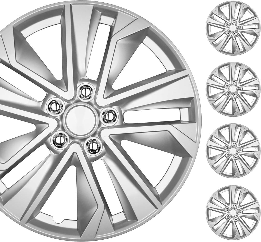 BDK 16 Inch Hubcaps Set of 4 OEM Replacement Snap-On Wheel Rim Covers - Universal Fit Car Wheel Cover for Cars, Trucks, SUV, Vans Durable ABS Silver 10-Spoke Hub-Cap Car Accessories Exterior