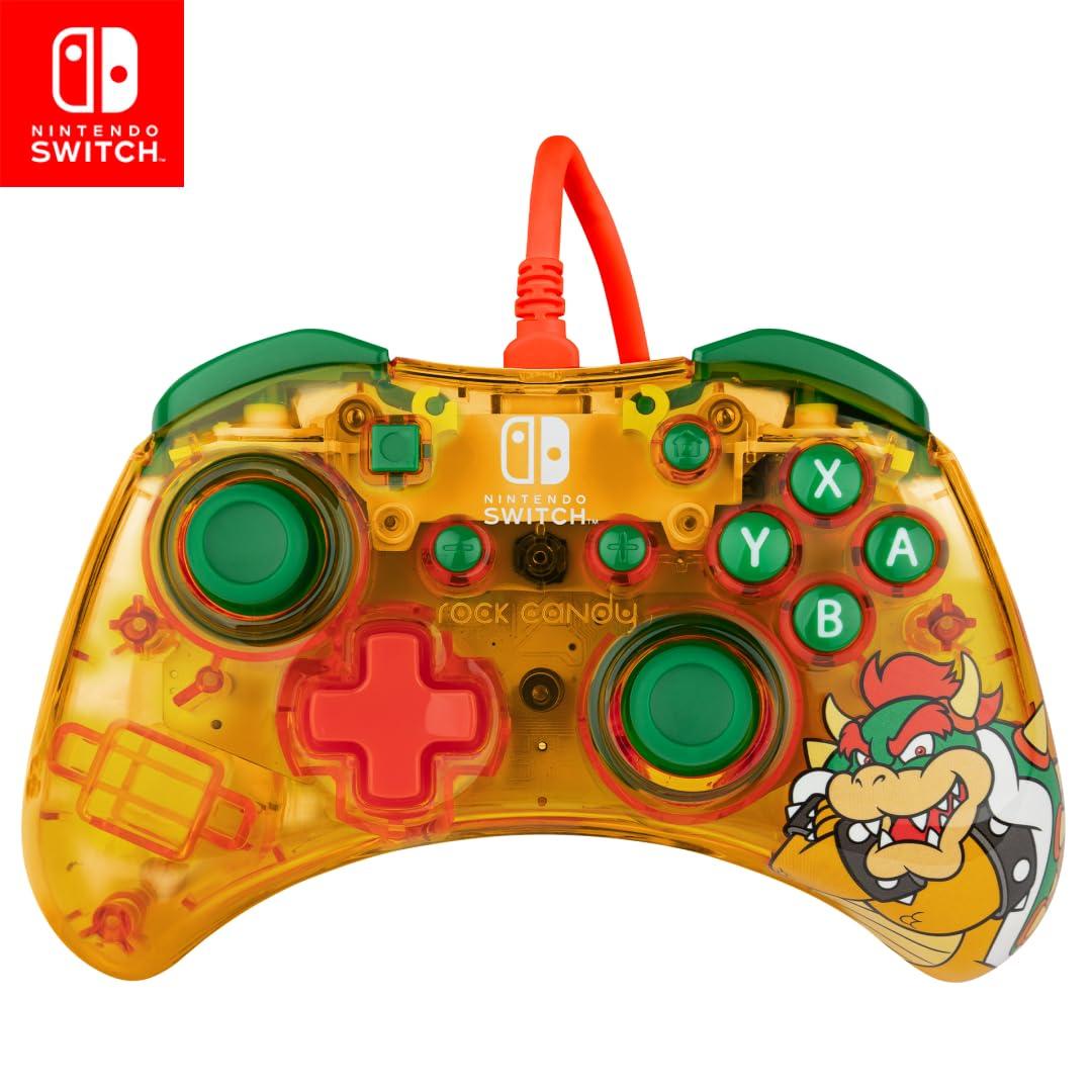 PDP Gaming Rock Candy Wired Power Nintendo Switch Pro Controller, Officially Licensed Lite/OLED Compatible Gamepad, Super Mario Brothers - Lemon Bomb Bowser (Orange/Green) Lemon Bomb Bowser