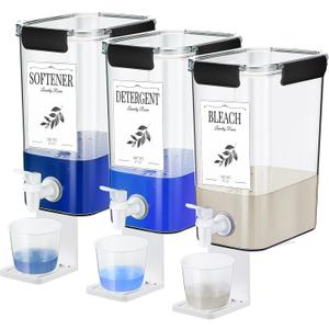 Soaoo 3 Set 87 oz Liquid Laundry Detergent Dispenser with Faucet and Cup Holder Labels Plastic Fabric Softener Container Detergent Drip Catcher for Laundry Room Washing Soap