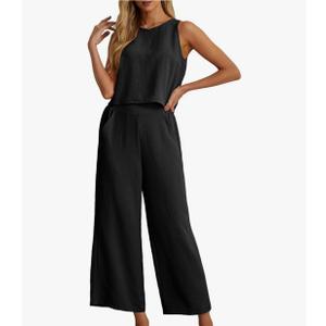 IWOLLENCE Women's Summer 2 Piece Outfits Set Round neck Sleeveless Tank Crop Top Wide Leg pants Set Pockets Jumpsuits,L
