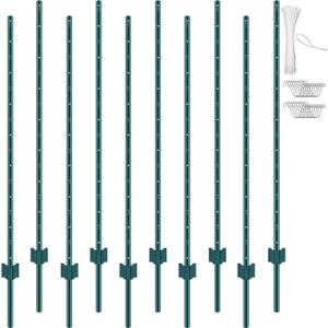 VEVOR 5 Feet Fence Post, 10 Pack U-Channel Heavy Duty Metal Fence Posts with 30 Zip Ties & 20 Clips, Sturdy Steel Fence Stakes for Garden Yard, Lawn, Farms and Outdoor Wire Fencing, Green