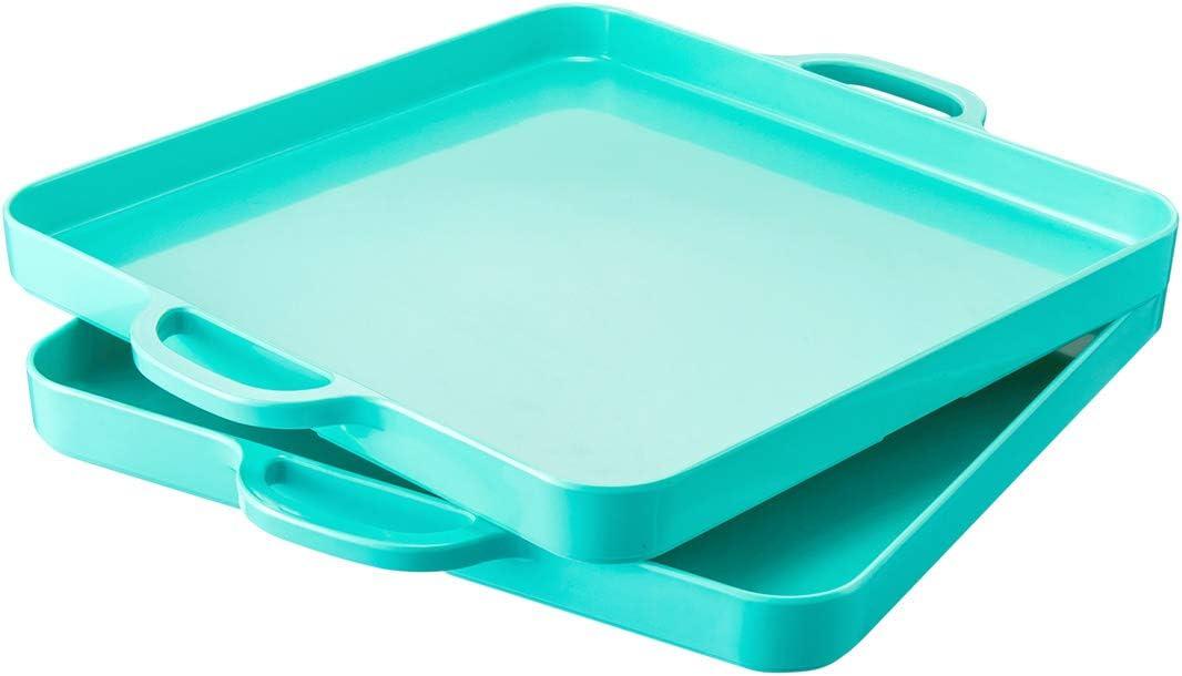 Square Serving Trays with Handles Melamine Turquoise 12.5x12.5 Inch Spill Proof Kitchen Eating Trays Set of 2 for Cafeteria Cafe Food Appeizer Dessert Snack Dinner Lunch Breakfast,TR13-02