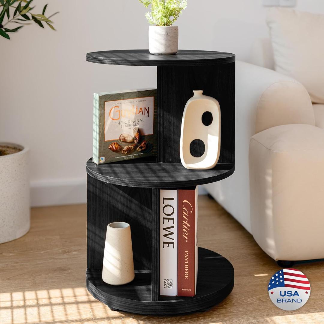KAYMILY Round End Tables, Mid Century Modern 3 Tier Side Table for Living Room, Bedroom, Office, 25" Tall Accent Nightstand with Open Storage Shelves, Easy Assembly, MDF Wood - Stationary - Black, Z-Shaped
