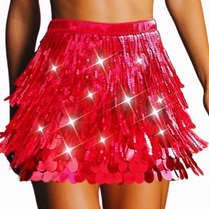 CLOACE Sequin Skirt Sparkly Belly Dance Hip Scarf Fringe Skirts for Women (Red)