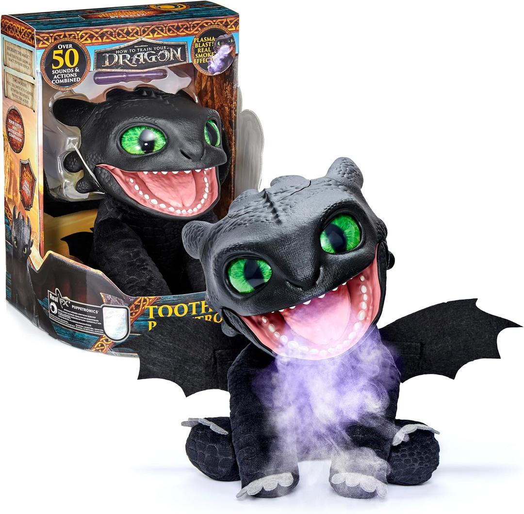 How To Train Your Dragon Wow! Stuff Toothless Puppetronic by RealFX - Looks-Feels-Sounds Real, 50+ Action & Sounds, 10" High Plush, Kids Ages 6+