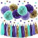 IGUO 30pcs Raya and The Last Dragon Decor Purple Lavender Green Gold Tissue Paper Pom Poms Princess Jasmin Party Flowers Tissue Tassel Garland Polka Dot Paper Garland for Baby Shower Mermaid Birthday
