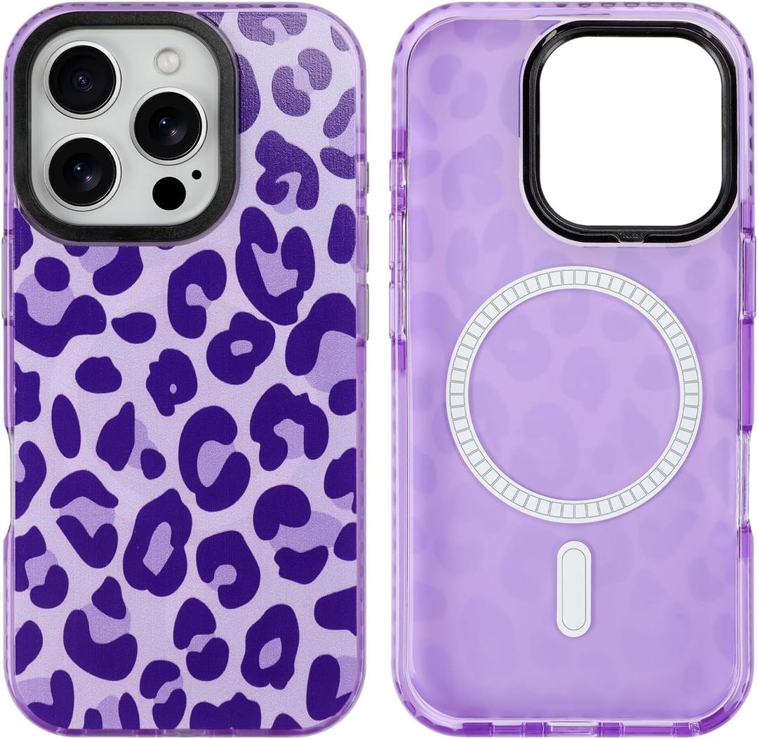 SAKUULO Magnetic for iPhone 16 Pro Max Case Dark Purple Leopard Print Pattern [Compatible with MagSafe] [with Screen Protector] Wireless Charge Strengthen Protection Cover, Dark Purple Leopard (6.9")