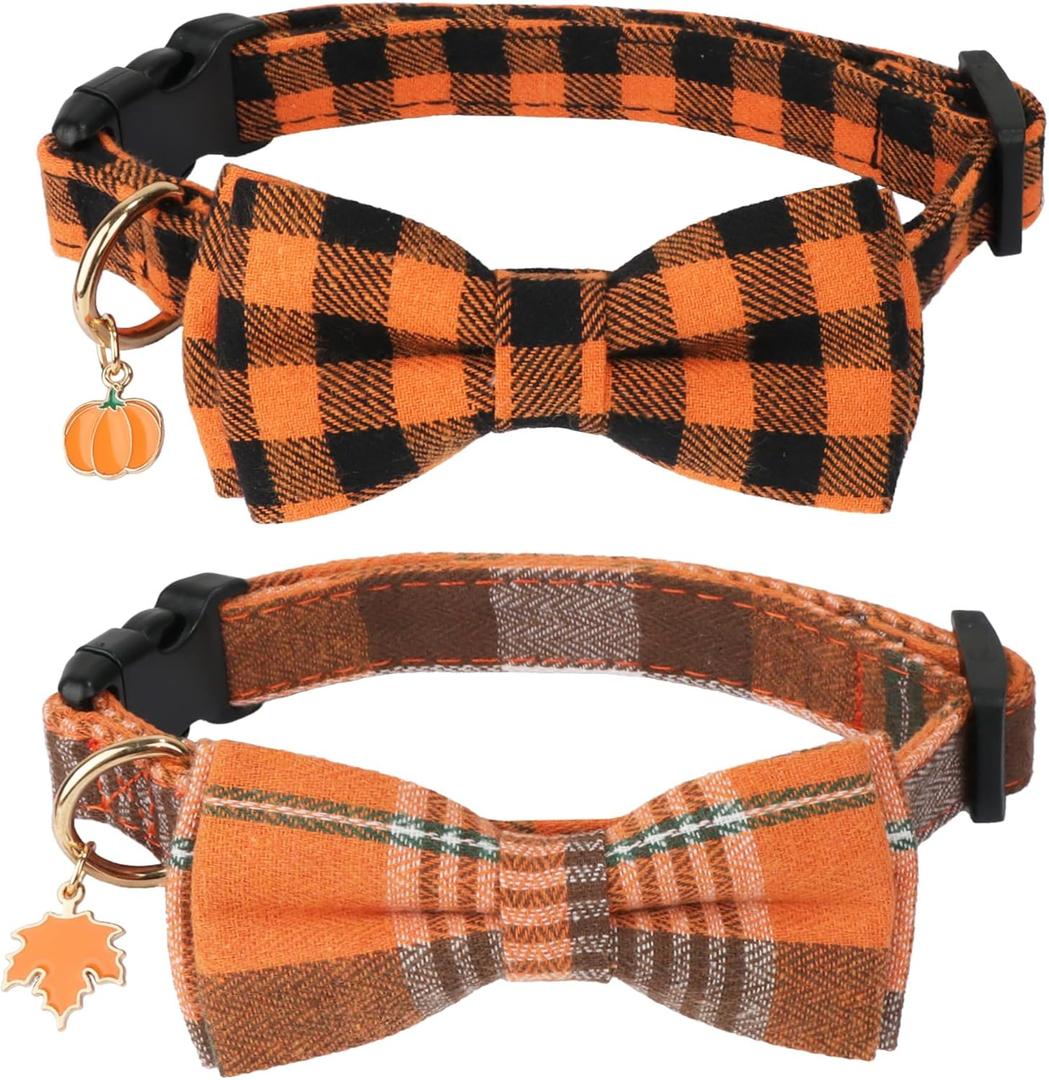 ADOGGYGO 2 Pack Fall Dog Collars with Bow, Halloween Thanksgiving Pumpkin Maple Charm, Orange Plaid Fall Collars for Medium Dogs (Medium)