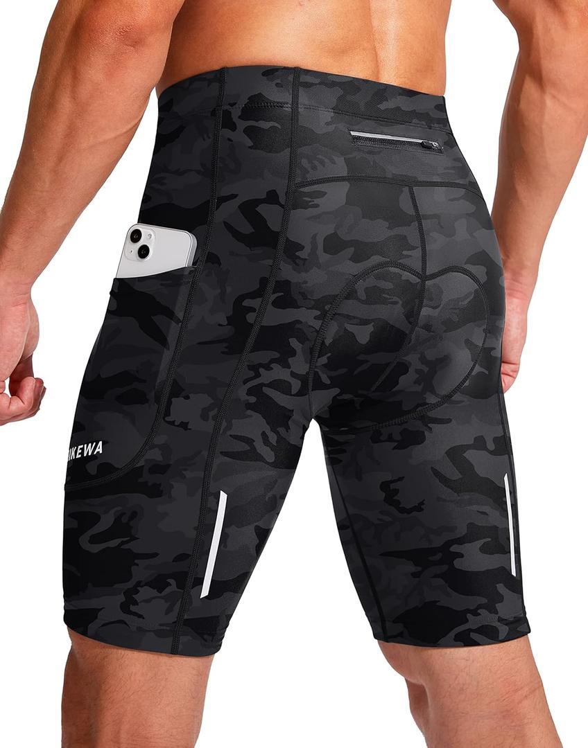 Bikewa Men's Bike Shorts 3D Padded Cycling Road Biking Mountain Riding Biker Bicycle UPF 50+ Cycle Shorts Zipper Pockets (X-Large, Camo Black)