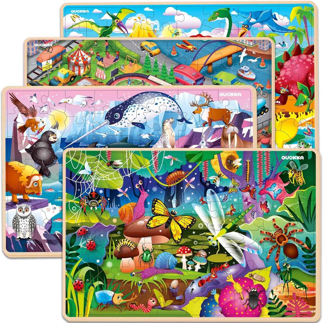 QUOKKA Wooden Puzzles for Kids Ages 4-6  4 x 60 Piece Kids Puzzles Ages 4-8-10 Year Olds by QUOKKA - Jigsaw Learning Game with Animals Dinosaurs City for 3-5 yo Wood Toys for Boys and Girls