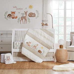 Levtex Baby - Woodland Pals Crib Bed Set - Baby Nursery Set - Cream Taupe Brown Green - Woodland Friends - 5 Piece Set Includes Quilt, One Fitted Sheet, Wall Decal, Skirt/Dust Ruffle & Basket, 5 Piece Bedding Set