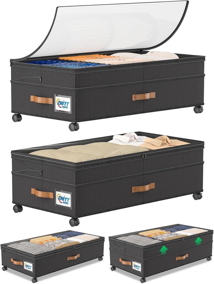 Under Bed Storage with Wheels, 2-Pack 72L XXXL Scalable Under Bed Storage Containers with Transparent Lids, Underbed Storage Organizer Rolling Bins for Shoes Clothes Sheet - Expandable Max