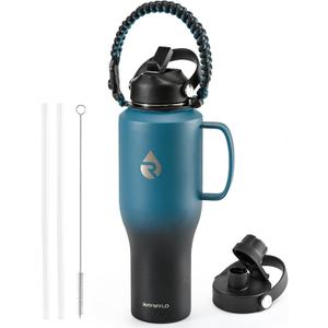 Insulated Water Bottle 40oz (Cold for 48 Hrs), Stainless Steel Water Bottle with Handle & Straw Lid & Paracord Handle, Triple Wall Vacuum Leakproof Travel Flask, Fit in Any Car Cup Holder (Ombre: Indigo/Black)
