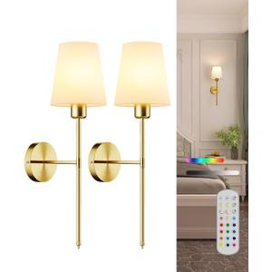 Battery Operated Wall Sconce Set of 2,Rechargeable Wall Lights with Dimmable Detachable Bulbs and Remote,15 Colors Wireless Wall Lamps for Bedroom Living Room Hallway,Gold(2 Pack)