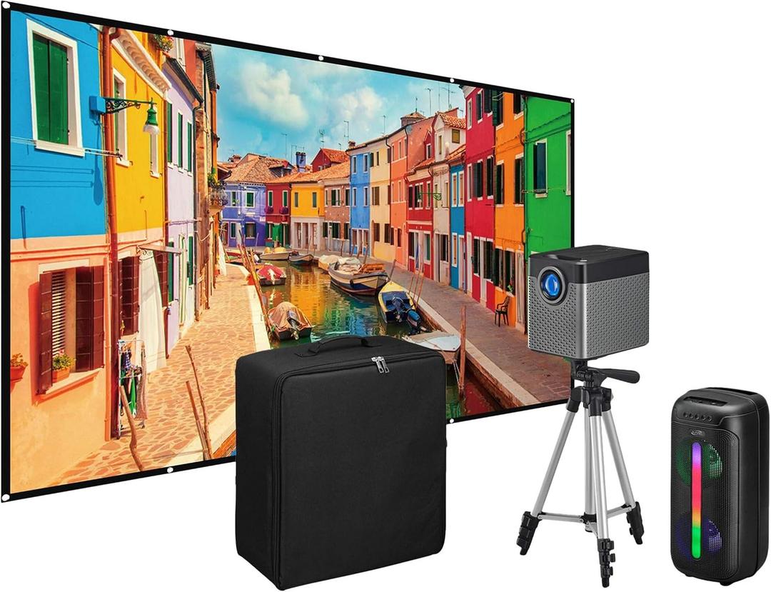 iLive Cinema Pop-Up Film Kit, 720p Projector with 120 Inch Screen, Bluetooth 5.0 Speaker, HDMI/USB/3.5mm, Black, Portable Theater, 21.5 x 17 x 19 cm