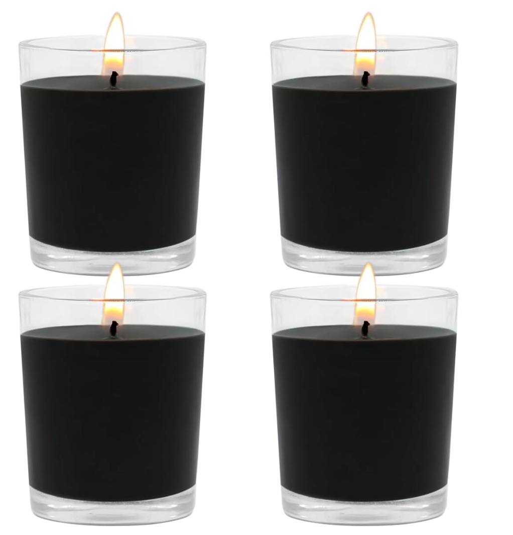 Set of 4 Black Votive Candles for Halloween Pumpkin, Clear Glass Filled Unscented Soy Wax Candle for Dinner, Parties, Home Decorations and DIY