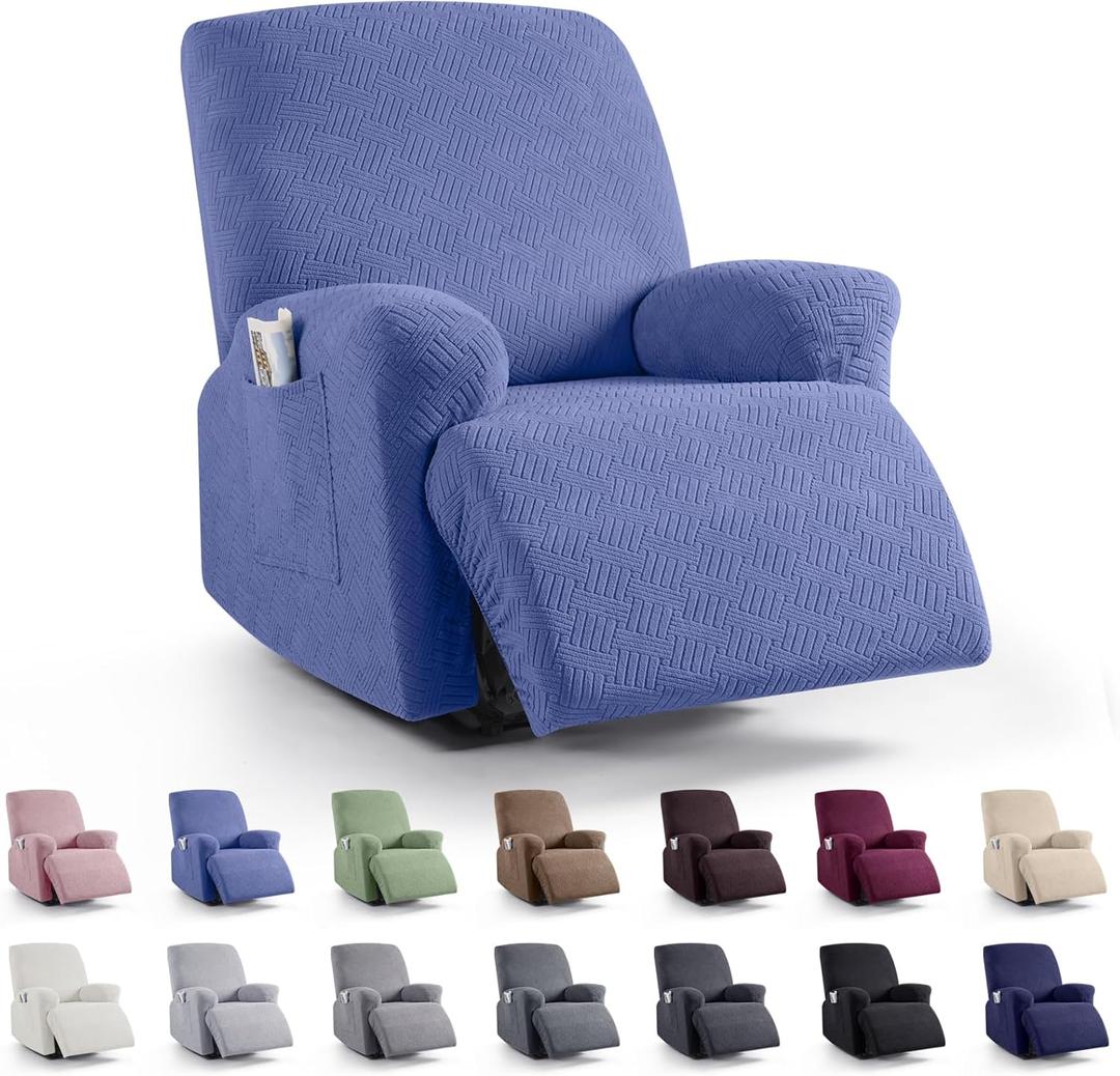 KinCam Recliner Covers, Stretch Reclining Chair Covers, Recliner Sofa Slipcovers Stripe Jacquard Recliner Couch Covers Furniture Protector Covers for Pet Kid (1 Seater, Lake Blue)
