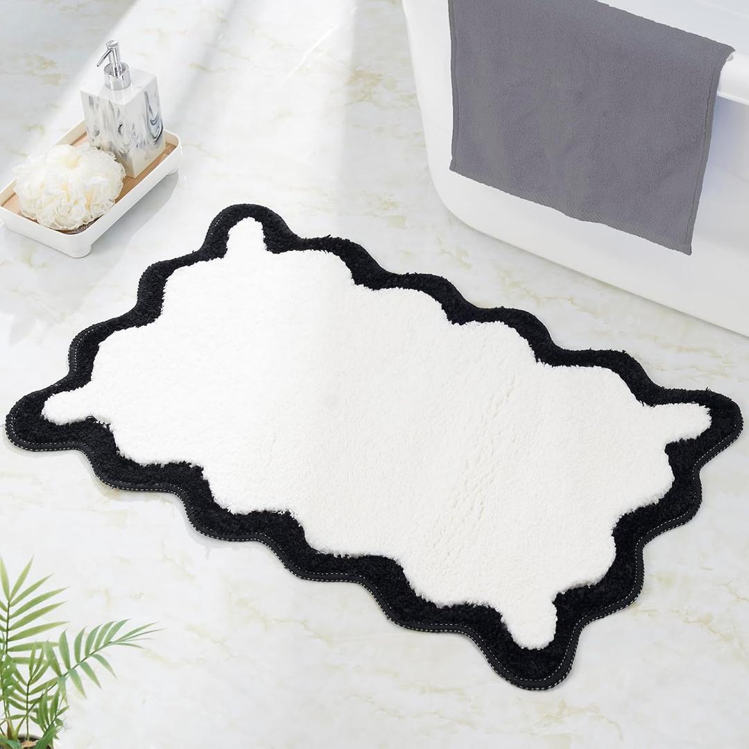 Luxury Cute Bathroom Rugs, White Bath Mat W/Black Scalloped Edge, Microfiber Aesthetic Trendy Funky Fun Preppy Rug, Extra Soft Bathroom Mat Non-Slip for Tub, Shower, and Bath Room 30'' x 20'' (1'8" x 2'6" (Rectangular))