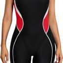 ATTRACO Athletic One Piece Swimsuits for Women Boyleg Swimwear Racerback Bathing Suits (Medium, Black-red Block)