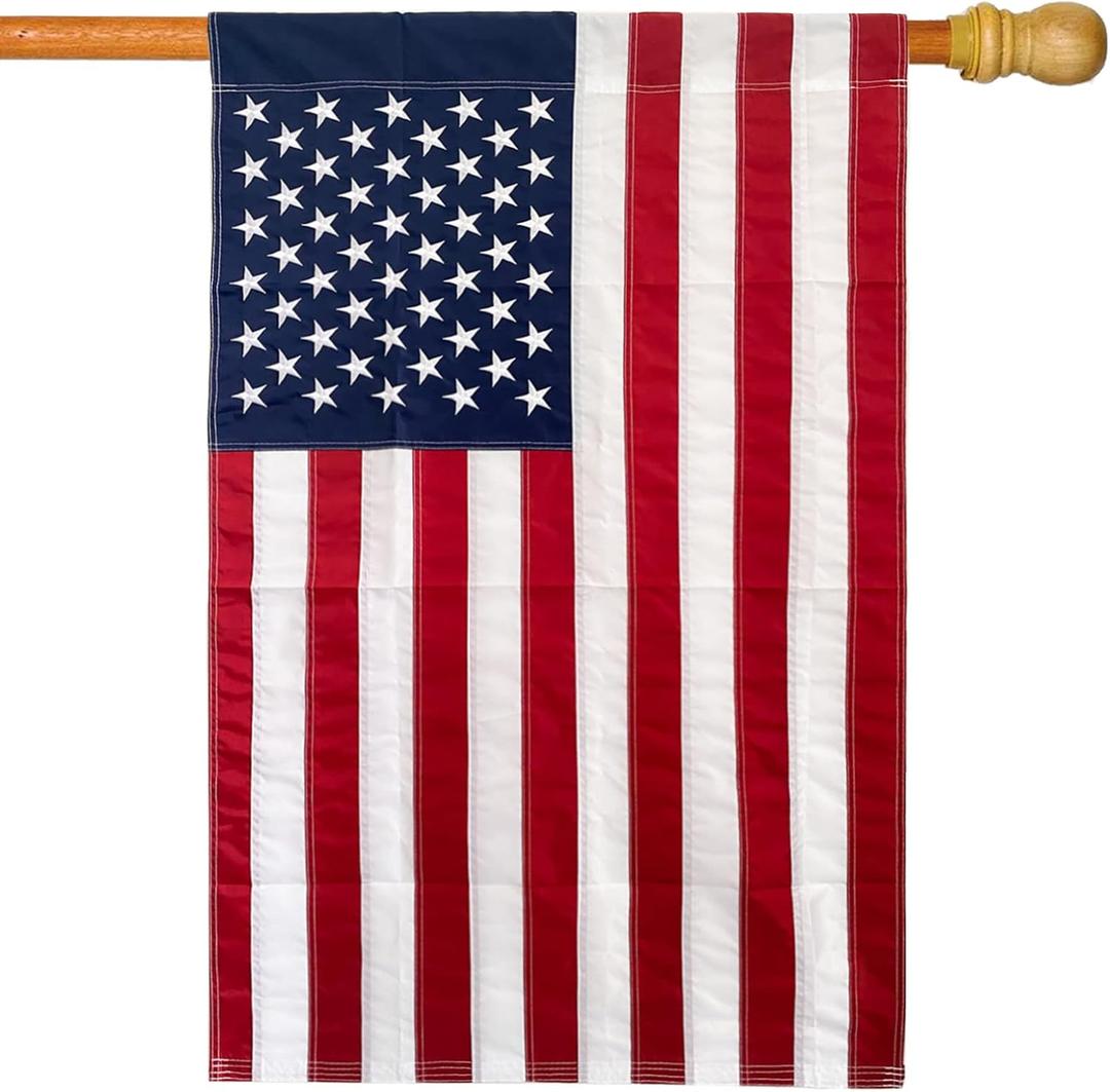 WDGG Embroidered American Flag 28 x 44 on Stick - Sewn Stripes Applique - 4th of July Patriotic Double Sided US Flag for Outdoor (Pole Not Included)