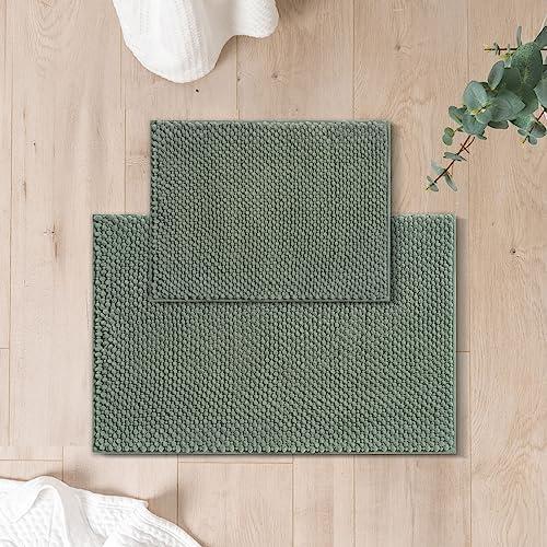 FRESHMINT Chenille Bathroom Rugs 2 Piece Set - Non-Slip Water Absorbent 17x24"  Bath Mats, Sage Green
