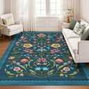 Washable Rug 9x12 Area Rugs for Living Room, Floral Rug for Bedroom, Soft Vintage Non Slip Throw Rugs with Rubber Back, Low Pile Stain Resistant Boho Floral Carpet for Dining Room, Blue