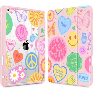 May Chen for iPad 9th Generation with Pencil Holder, iPad 8th/7th Gen Case 10.2-inch, [Penceil Holder] Trifold Stand Auto Wake/Sleep Clear TPU Protection Back Cover, Smile Art